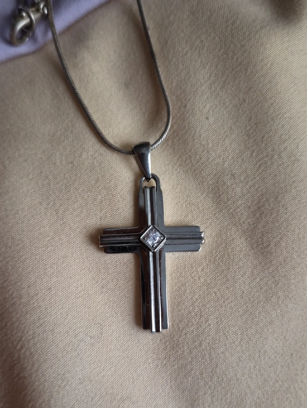 Mens Stainless steel cross CZ pendant necklace snake chain